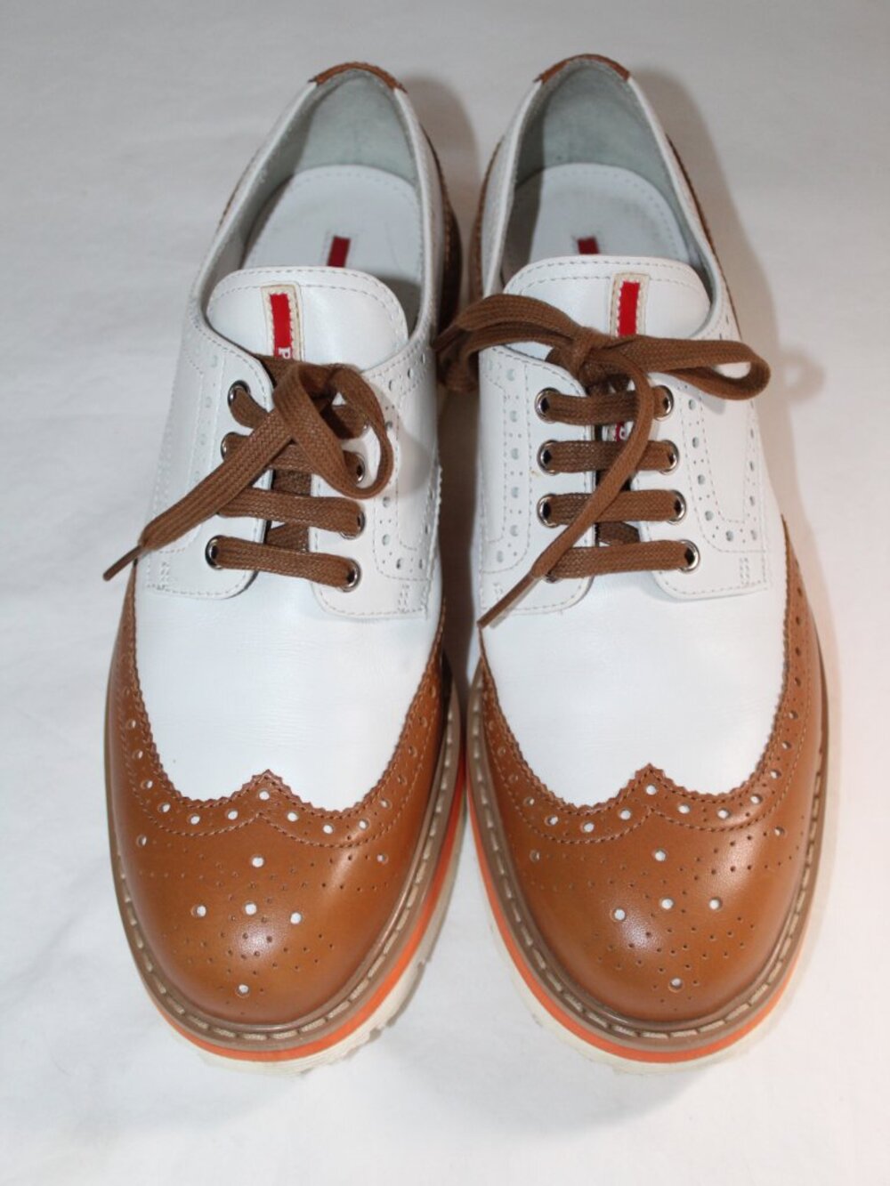 PRADA White Brown Brogue Lace Up Saddle Shoes Flats Loafers Oxfords 39